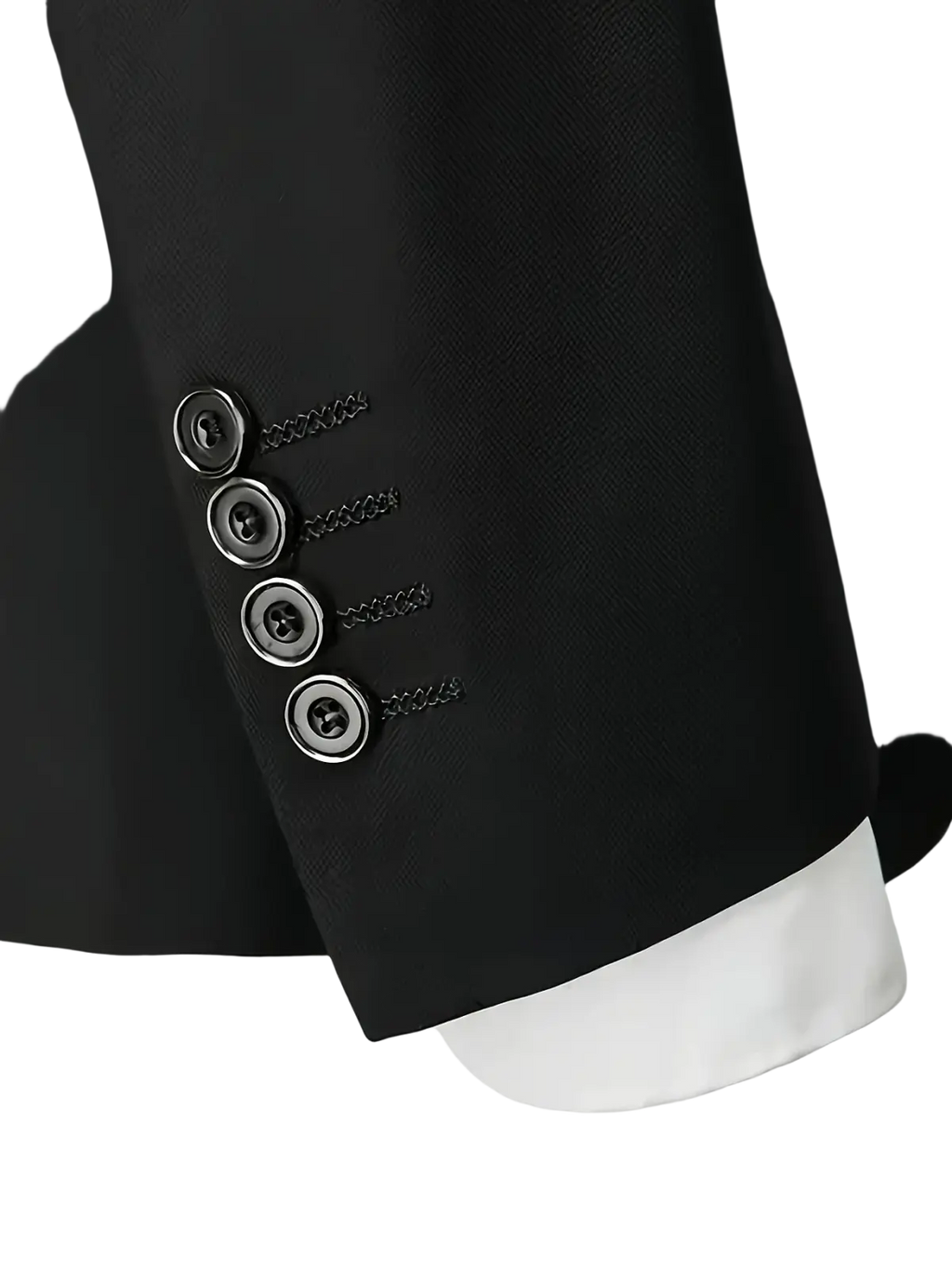 Slim fit single breasted black suit jacket sleeve with four silver toned buttons and subtle textured fabric for four seasons