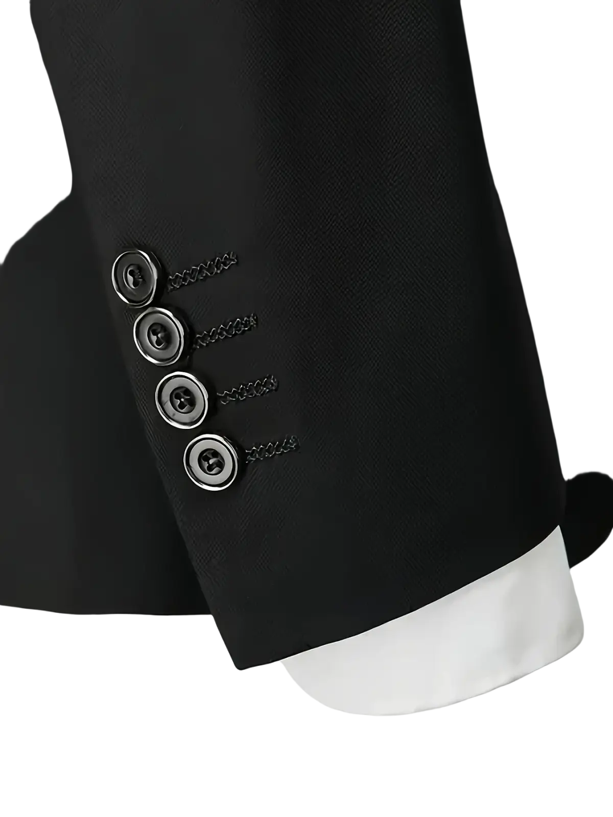 Slim fit single breasted black suit jacket sleeve with four silver toned buttons and subtle textured fabric for four seasons