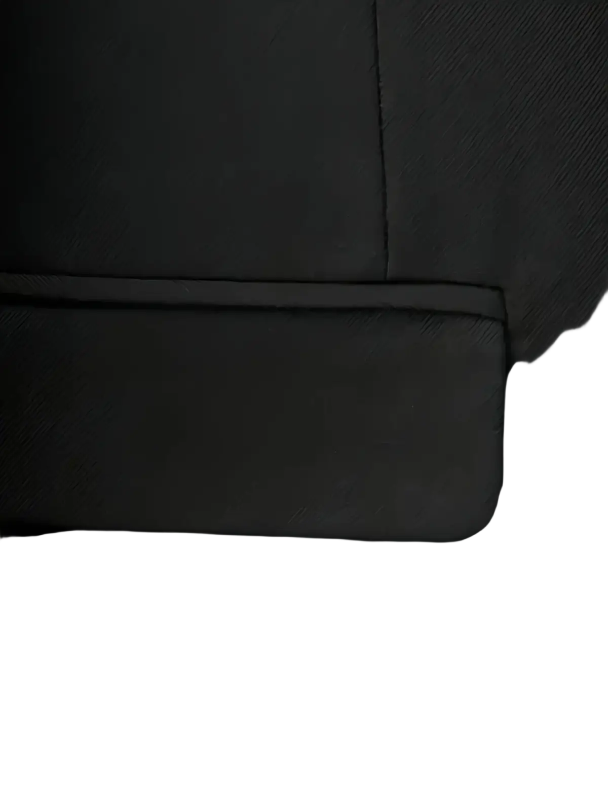 Dark gray textured fabric pocket with subtle stitched seam on slim fit single breasted black suit jacket for four seasons