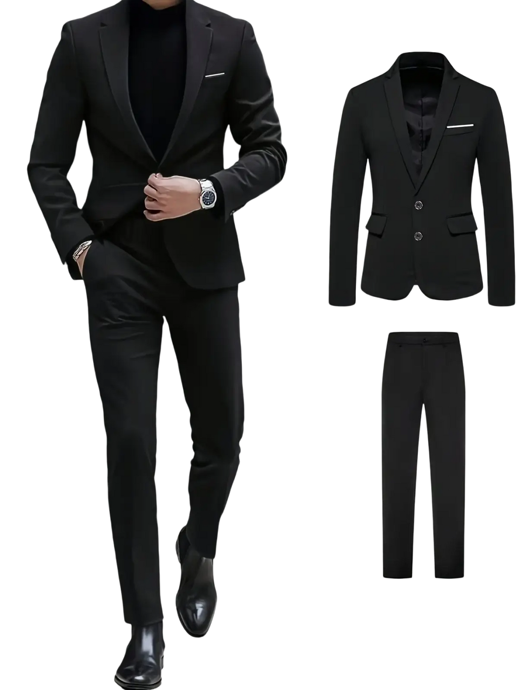 Slim fit single breasted black suit jacket with a sleek modern cut and subtle white pocket squares for four seasons