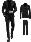 Slim fit single breasted black suit jacket with a sleek modern cut and subtle white pocket squares for four seasons
