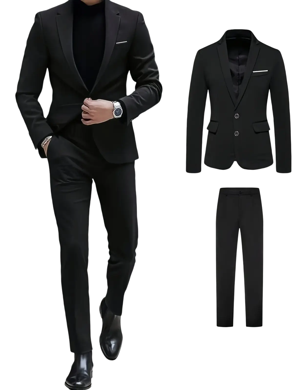 Slim fit single breasted black suit jacket with a sleek modern cut and subtle white pocket squares for four seasons