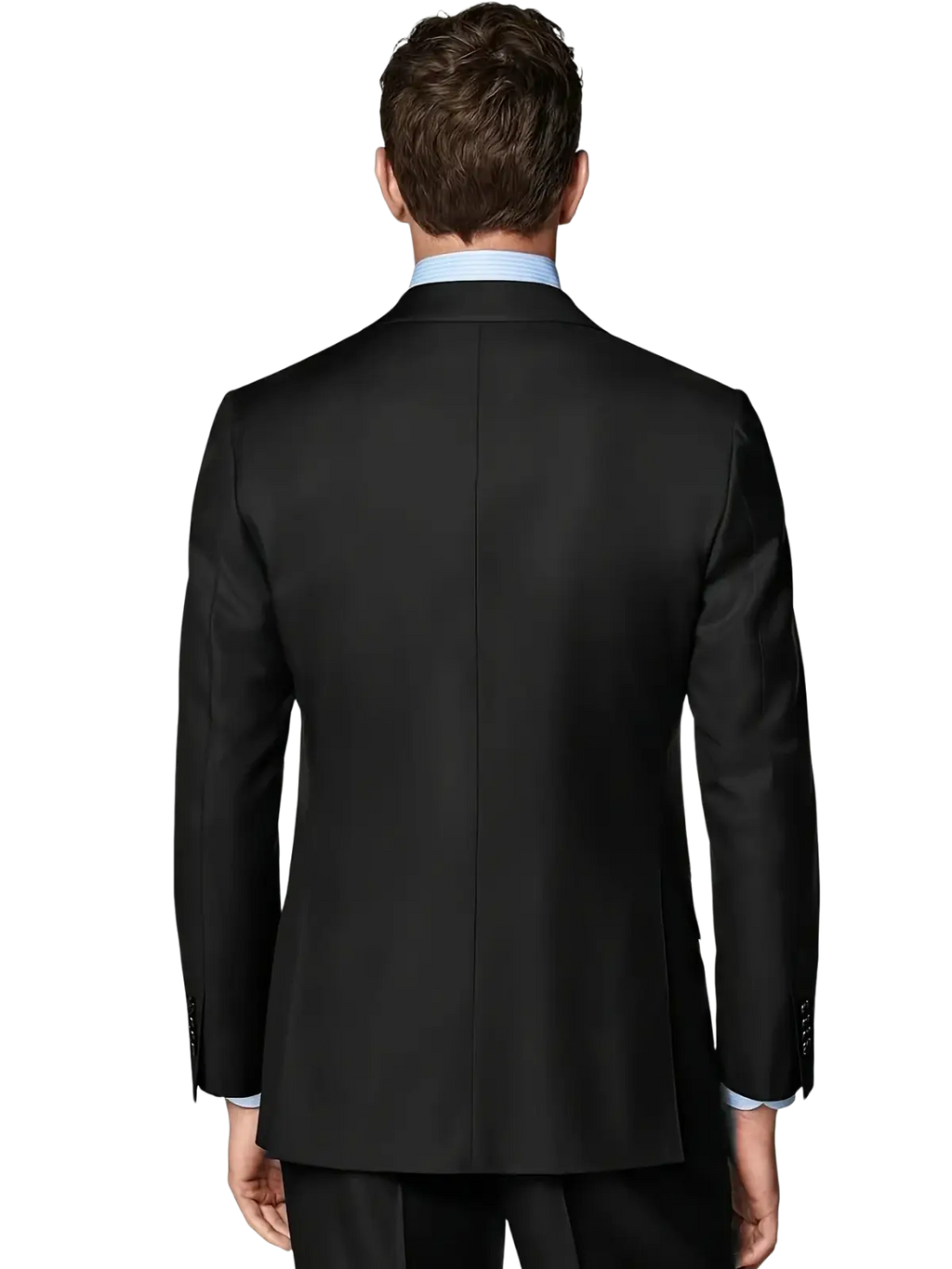 Slim fit single breasted black suit jacket with subtle texture designed for four seasons formal wear