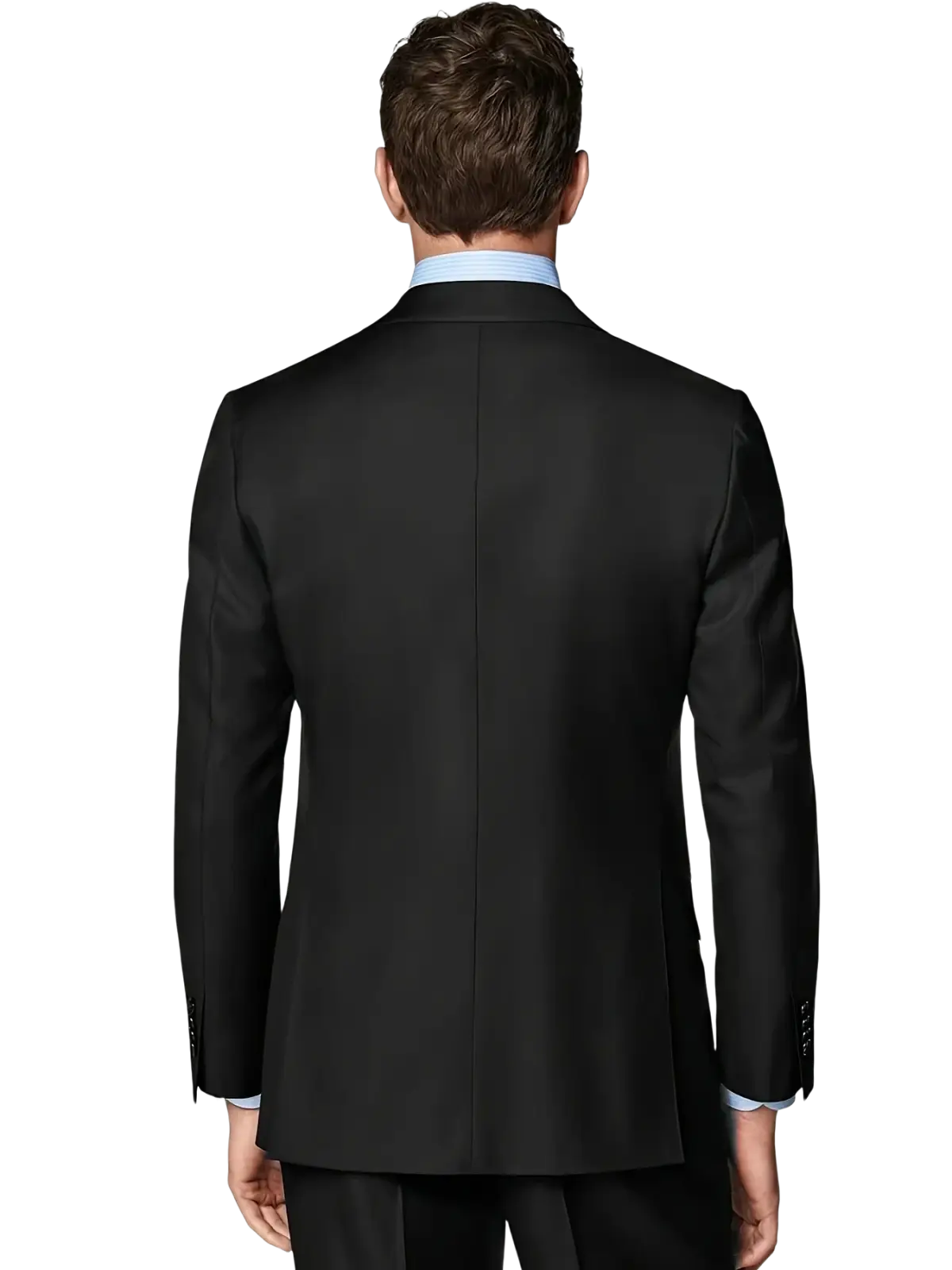 Slim fit single breasted black suit jacket with subtle texture designed for four seasons formal wear