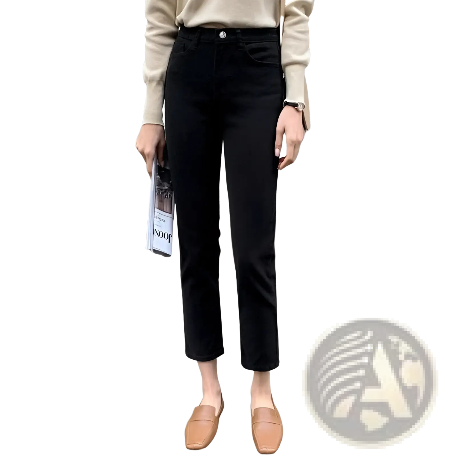 Black slim fit straight trousers in high-waisted cropped style with plush reinforced lining for added warmth