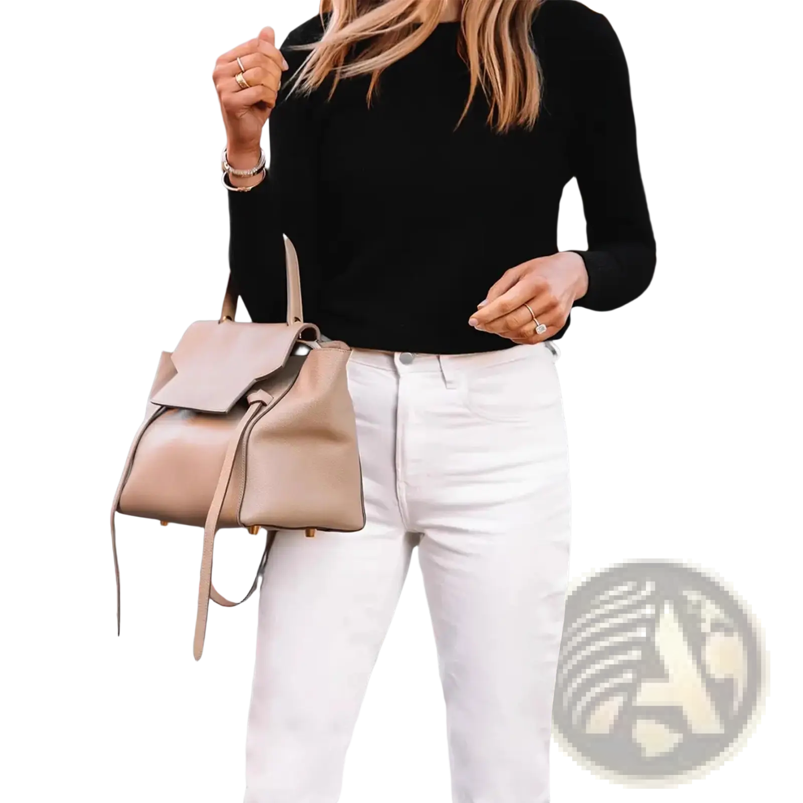 Beige leather backpack with flap closure and adjustable shoulder straps shown from the back for slim fit straight trousers
