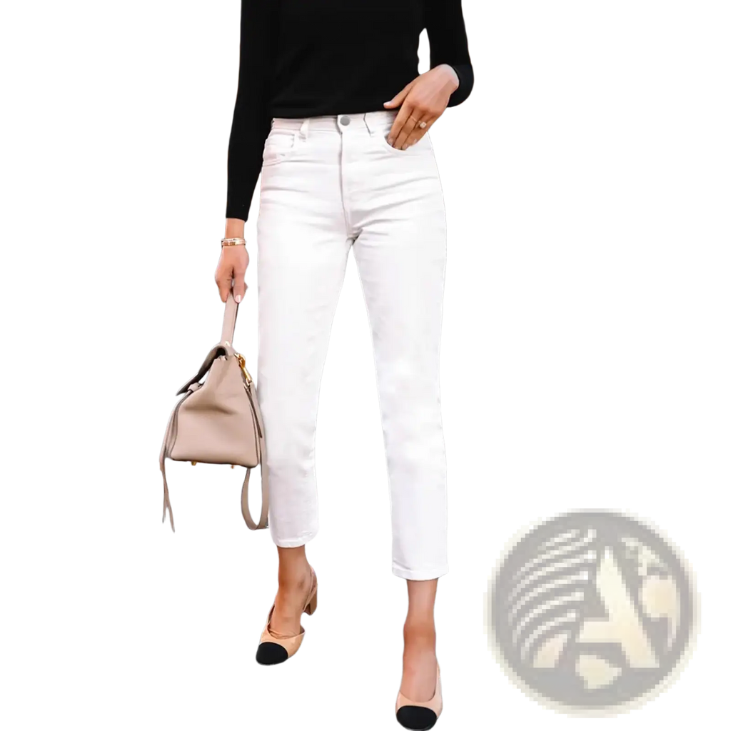 White high-waisted slim fit straight trousers featuring a sleek straight-leg cut ideal for modern styling