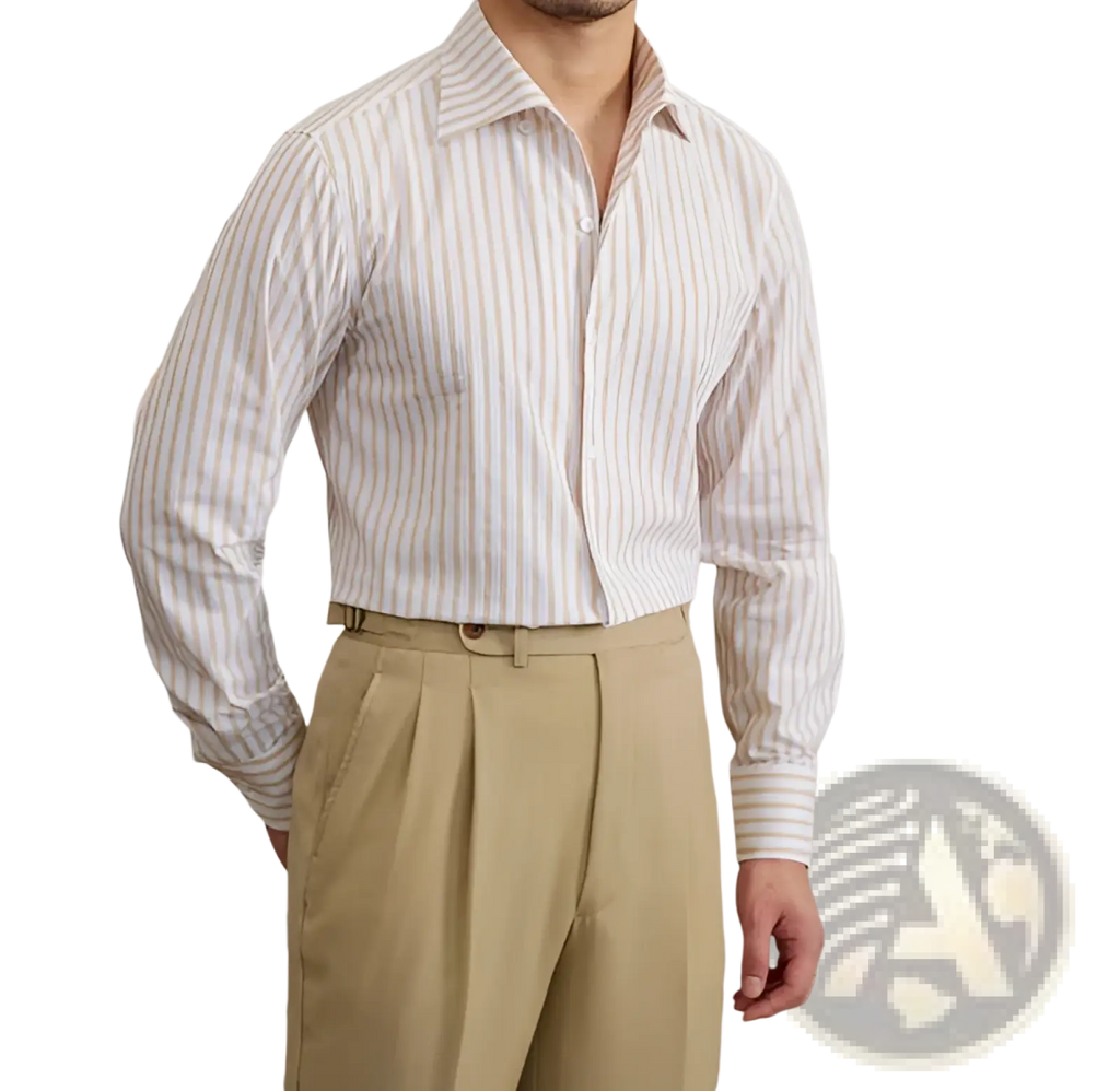A crisp slim fit striped cotton long sleeve commuter shirt in soft beige and white vertical stripes for men