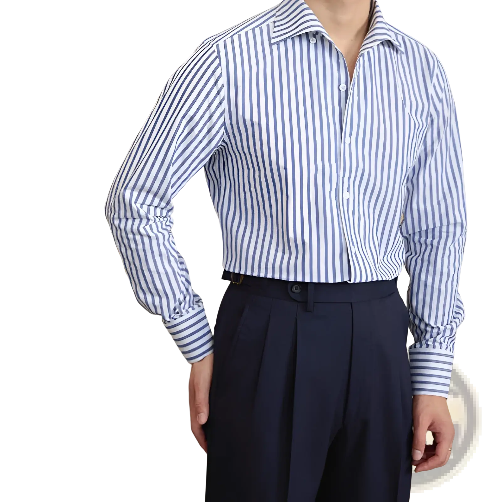 Slim fit striped cotton long sleeve commuter shirt featuring crisp blue and white vertical stripes with a classic collar