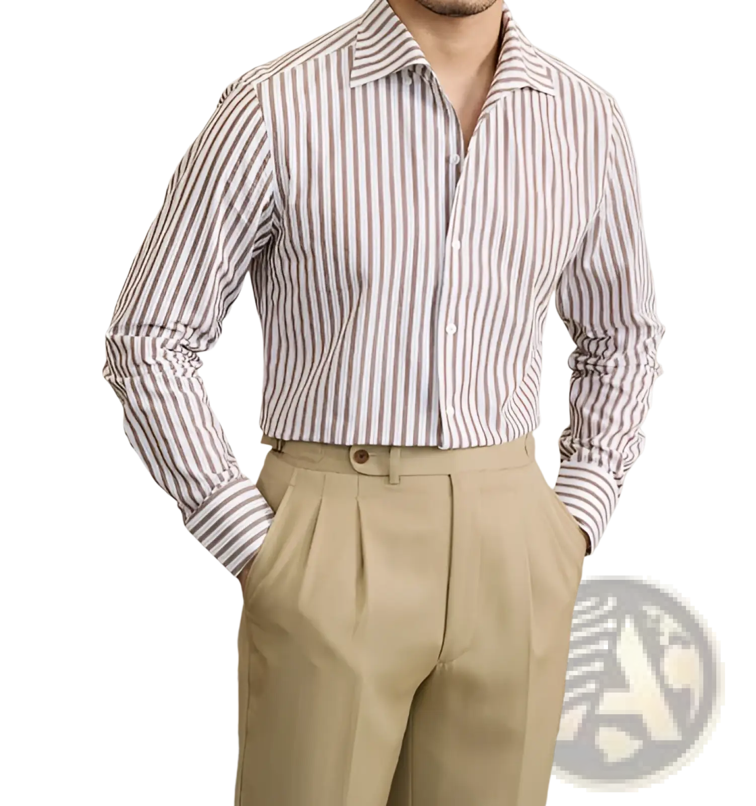 Slim fit striped cotton long sleeve commuter shirt in white and muted brown with vertical stripes and button-down design