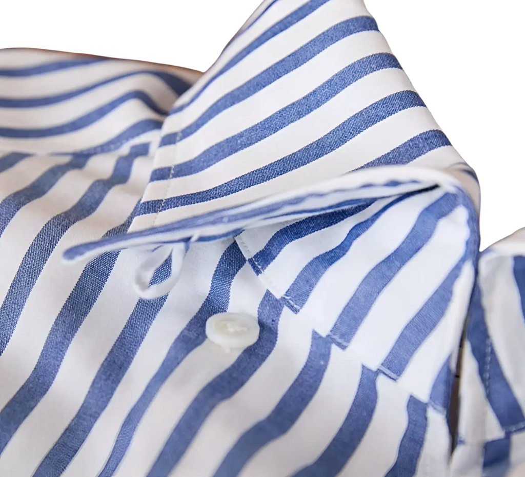 Slim fit striped cotton long sleeve commuter shirt collar in blue and white with a single white plastic button