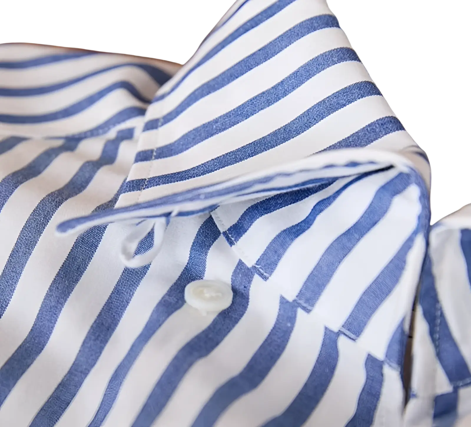 Slim fit striped cotton long sleeve commuter shirt collar in blue and white with a single white plastic button