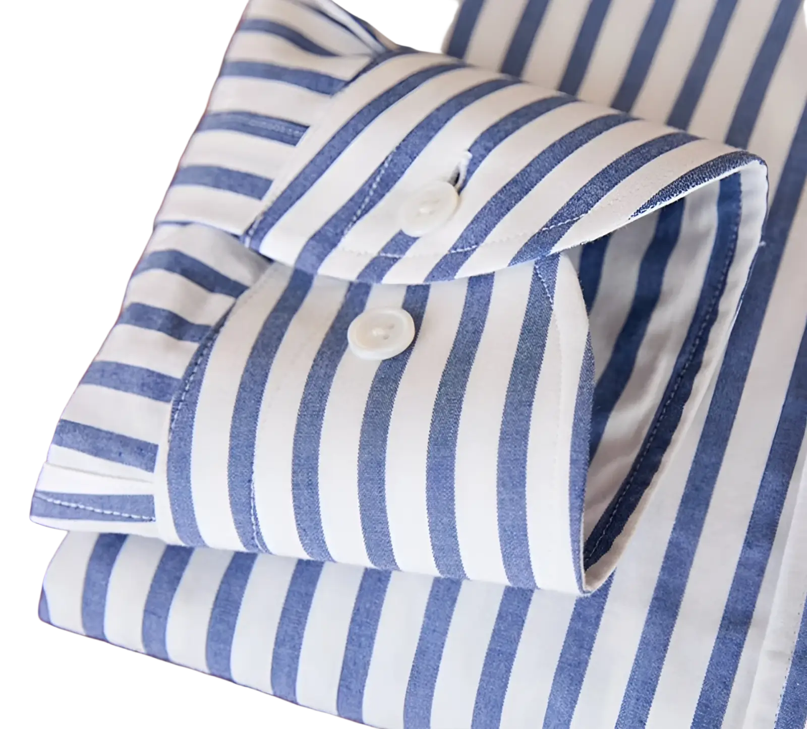 A neatly folded slim fit striped cotton long sleeve commuter shirt with blue and white vertical stripes and button-down collar