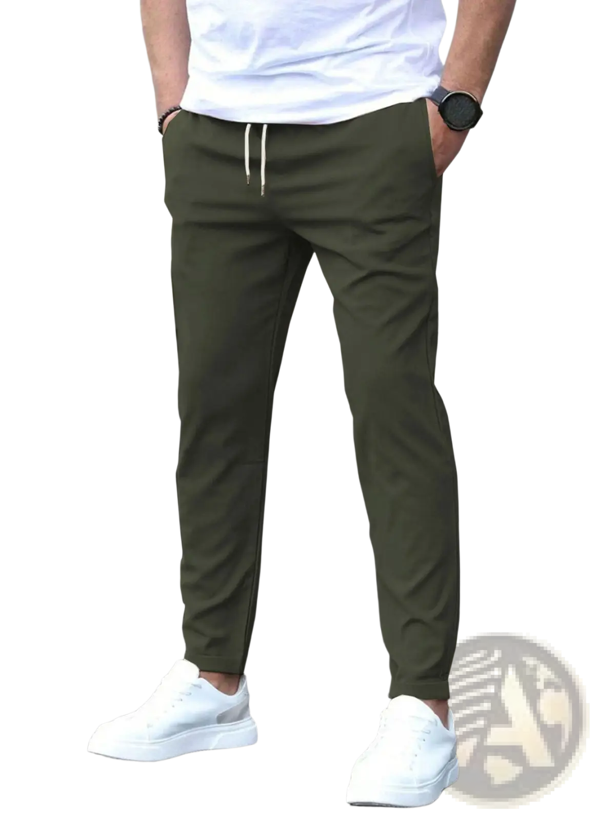 Slim fit tapered jogger pants in olive green with white drawstring offering a stylish and comfortable fit