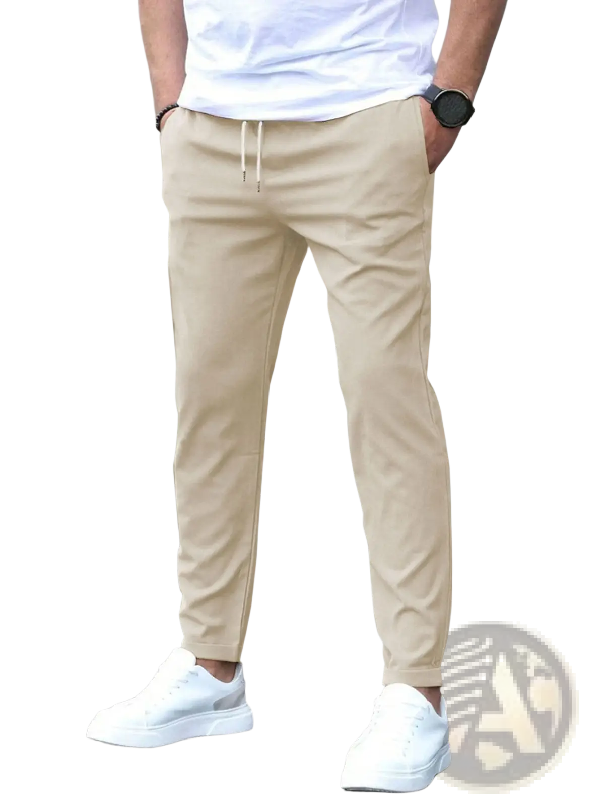 Beige slim fit tapered jogger pants with drawstring featuring a relaxed fit and tapered legs for casual wear