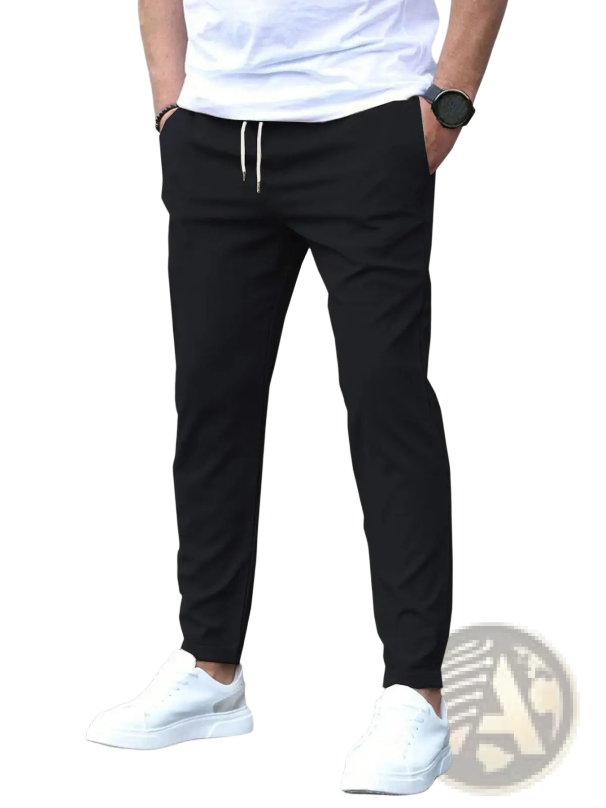Slim fit tapered black jogger pants with white drawstring for adjustable comfort and casual wear