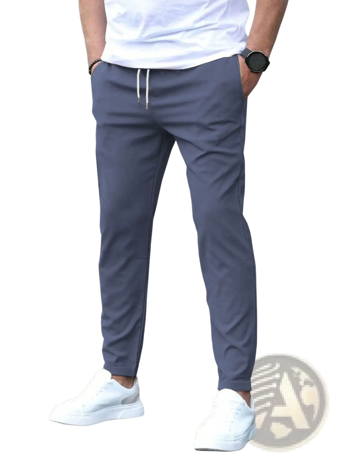 Gray slim fit tapered jogger pants with white drawstring featuring a subtle tapered leg for a modern look