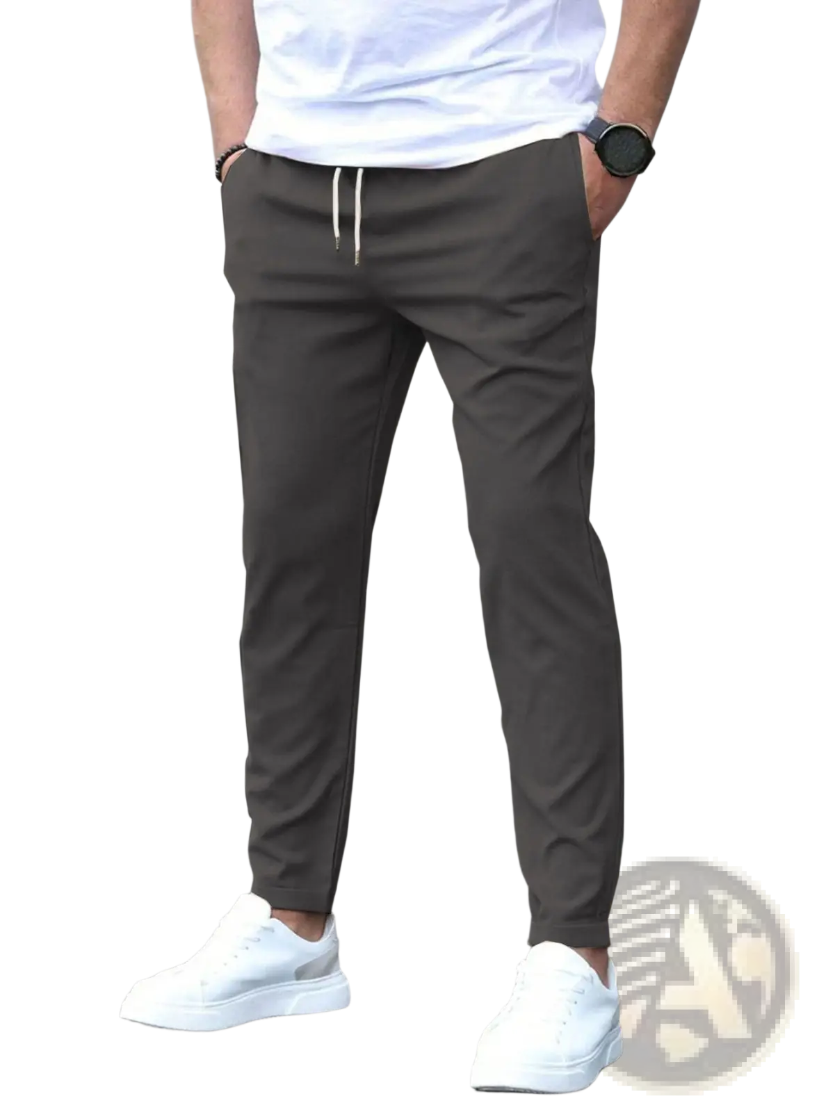 Dark gray slim fit tapered jogger pants with white drawstring featuring a tapered leg design for casual wear