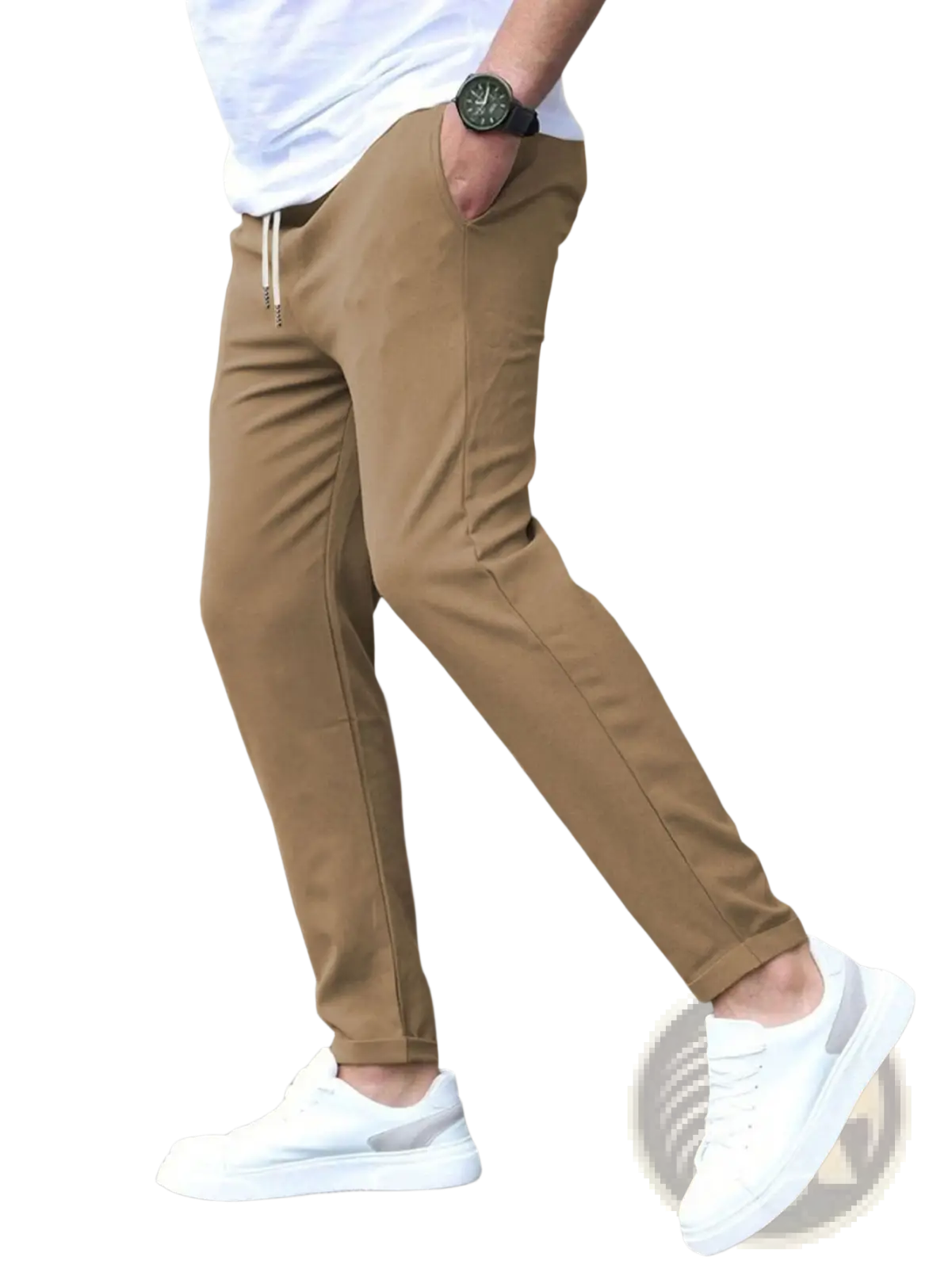 Tan slim fit tapered jogger pants with drawstring waistband designed as comfortable chino style trousers