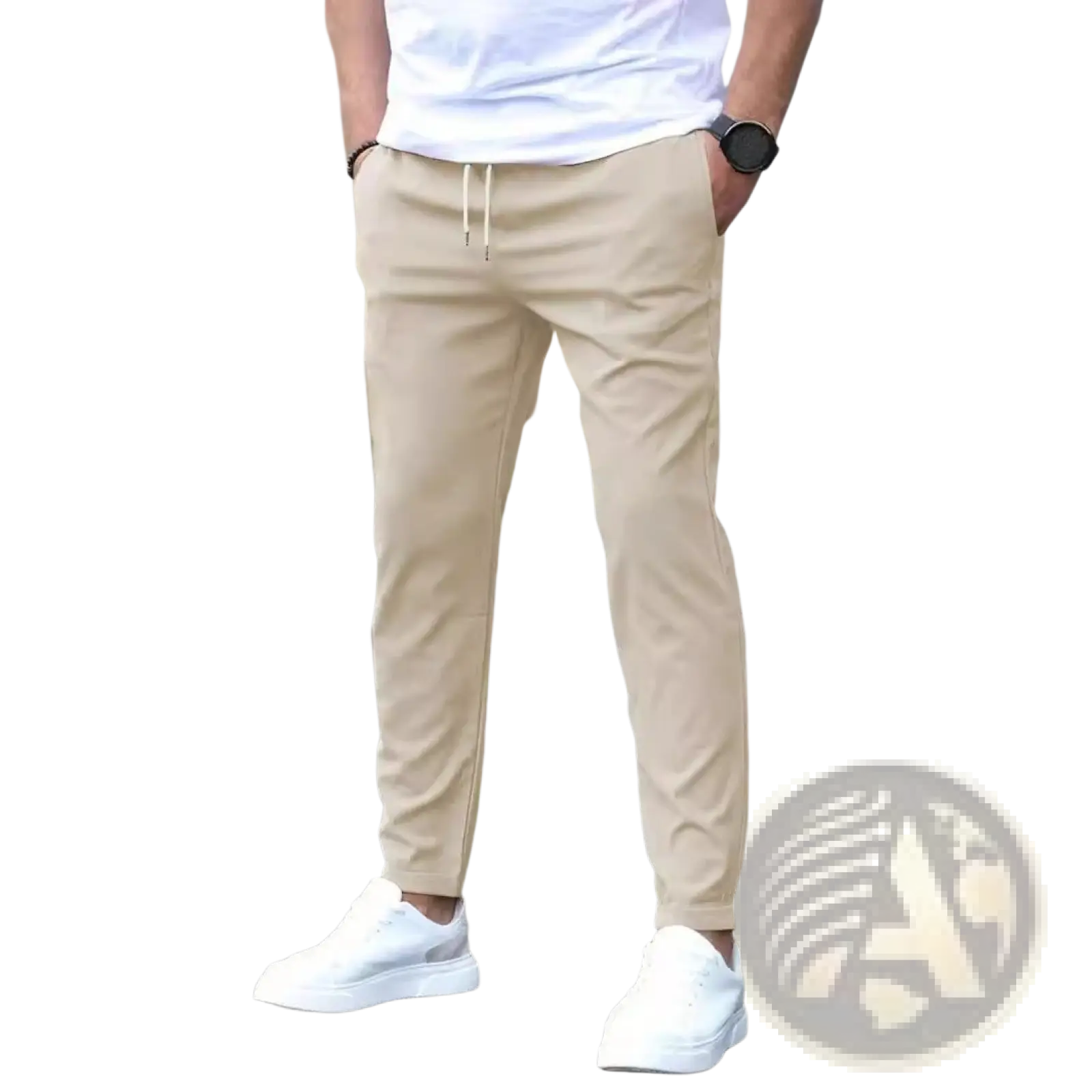 Beige slim fit tapered jogger pants with drawstring made from soft fabric for comfortable casual wear