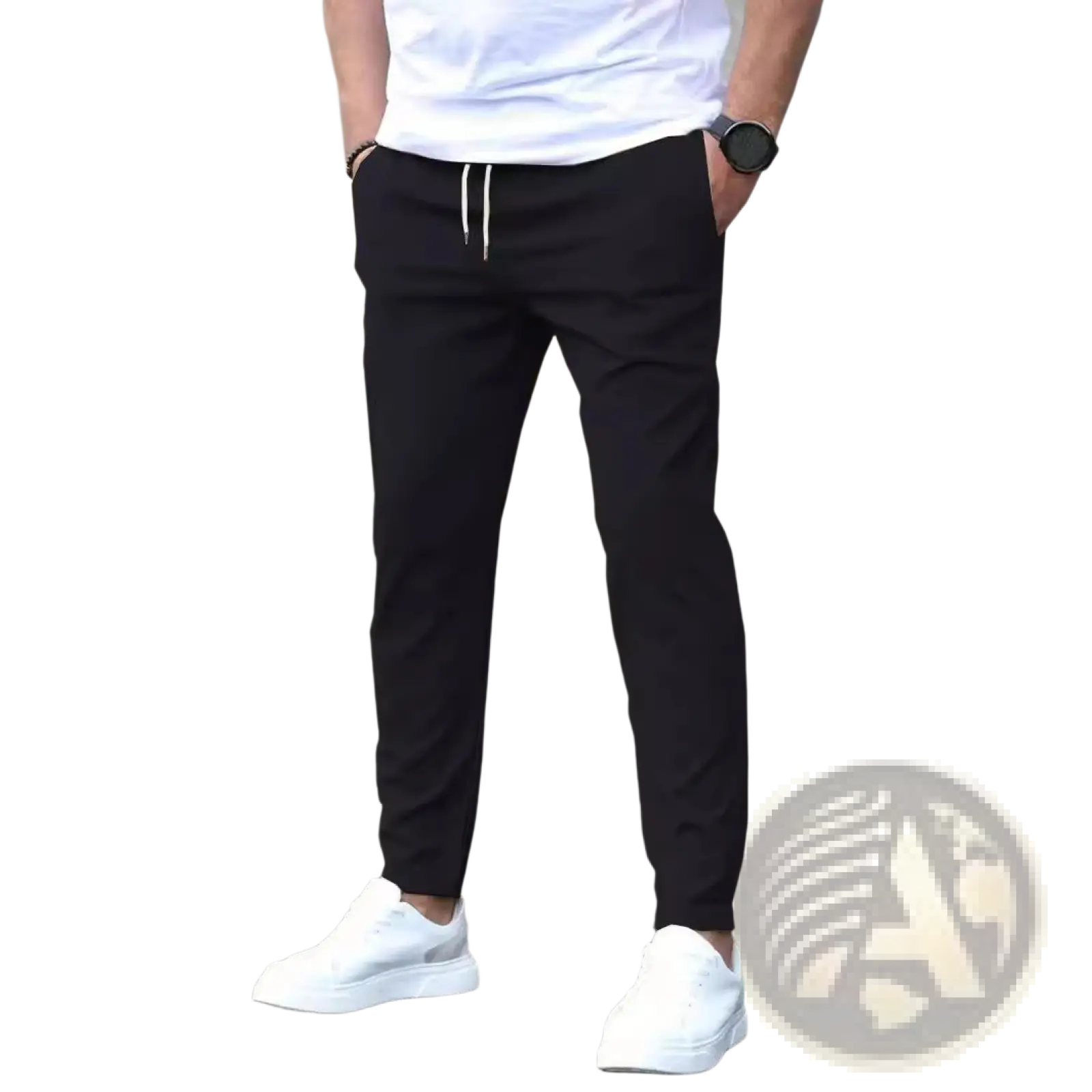 Black slim fit tapered jogger pants with white drawstrings featuring a comfortable cotton blend fabric