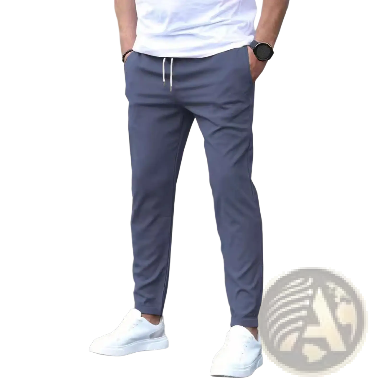 Gray slim fit tapered jogger pants with drawstring and subtle side stripes for comfortable casual wear