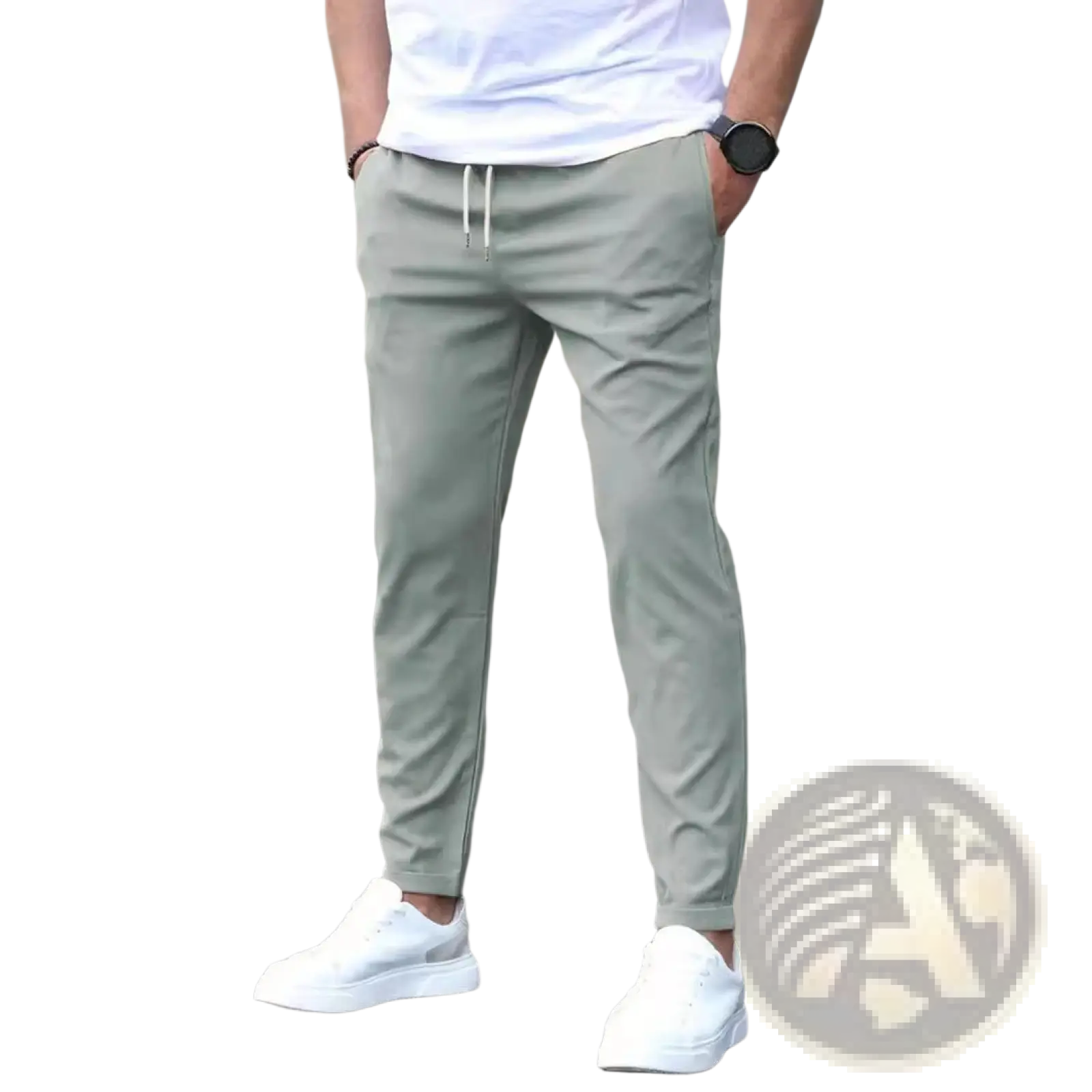 Slim fit tapered jogger pants in light green with white drawstrings featuring a slim silhouette and comfortable fit