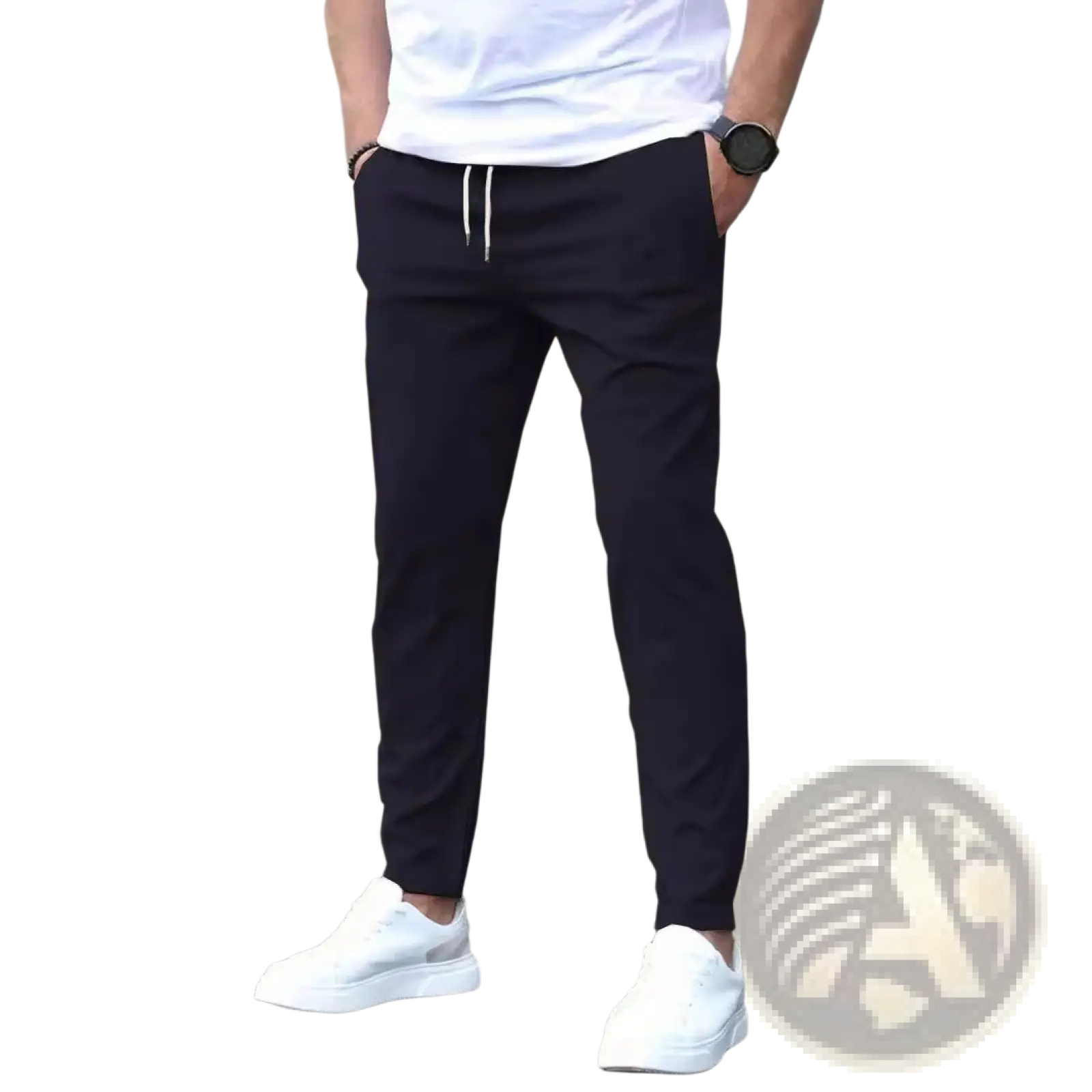 Navy blue slim fit tapered jogger pants with white drawstrings designed for comfort and athletic wear