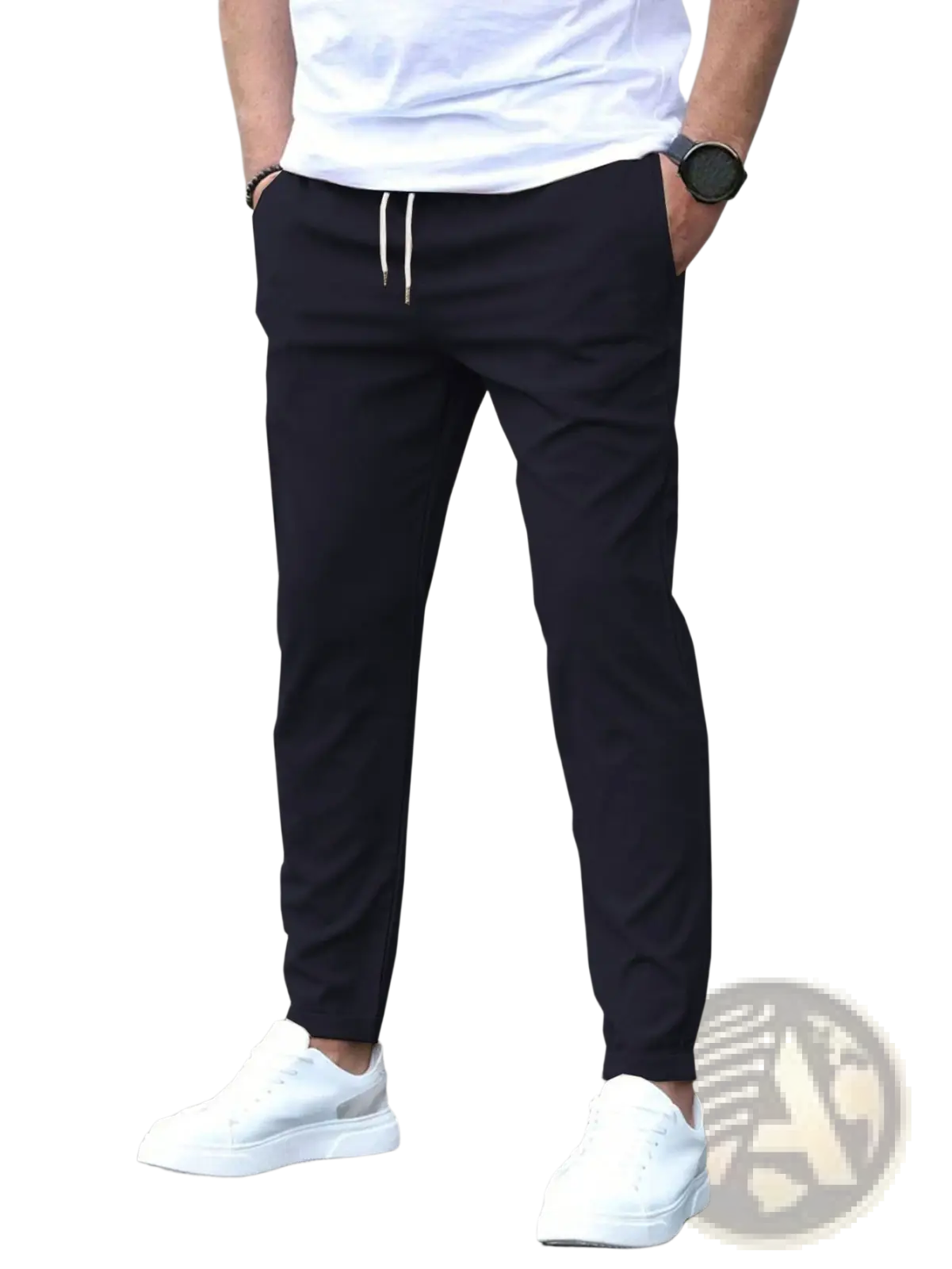 Black slim fit tapered jogger pants with white drawstring cord and tapered legs for casual wear