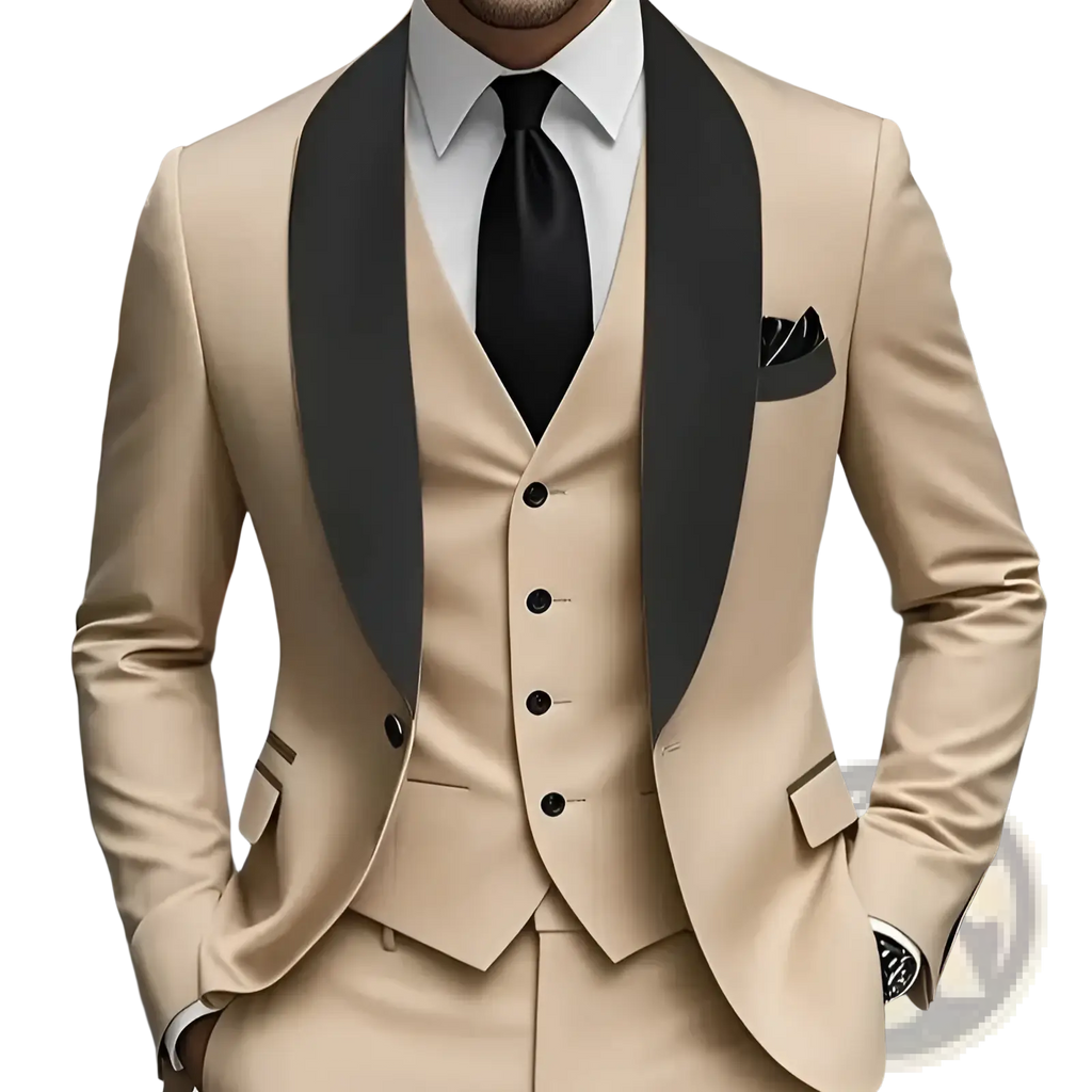 Slim fit three-piece tuxedo suit in beige with black satin lapels and matching vest for formal occasions