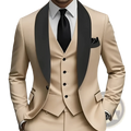 Slim fit three-piece tuxedo suit in beige with black satin lapels and matching vest for formal occasions