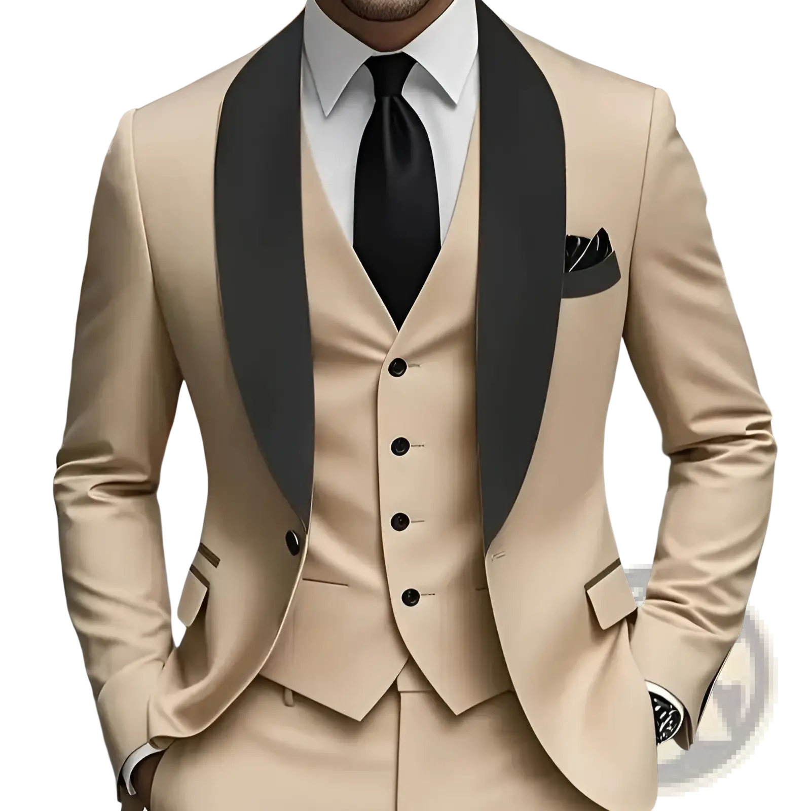 Slim fit three-piece tuxedo suit in beige with black satin lapels and matching vest for formal occasions