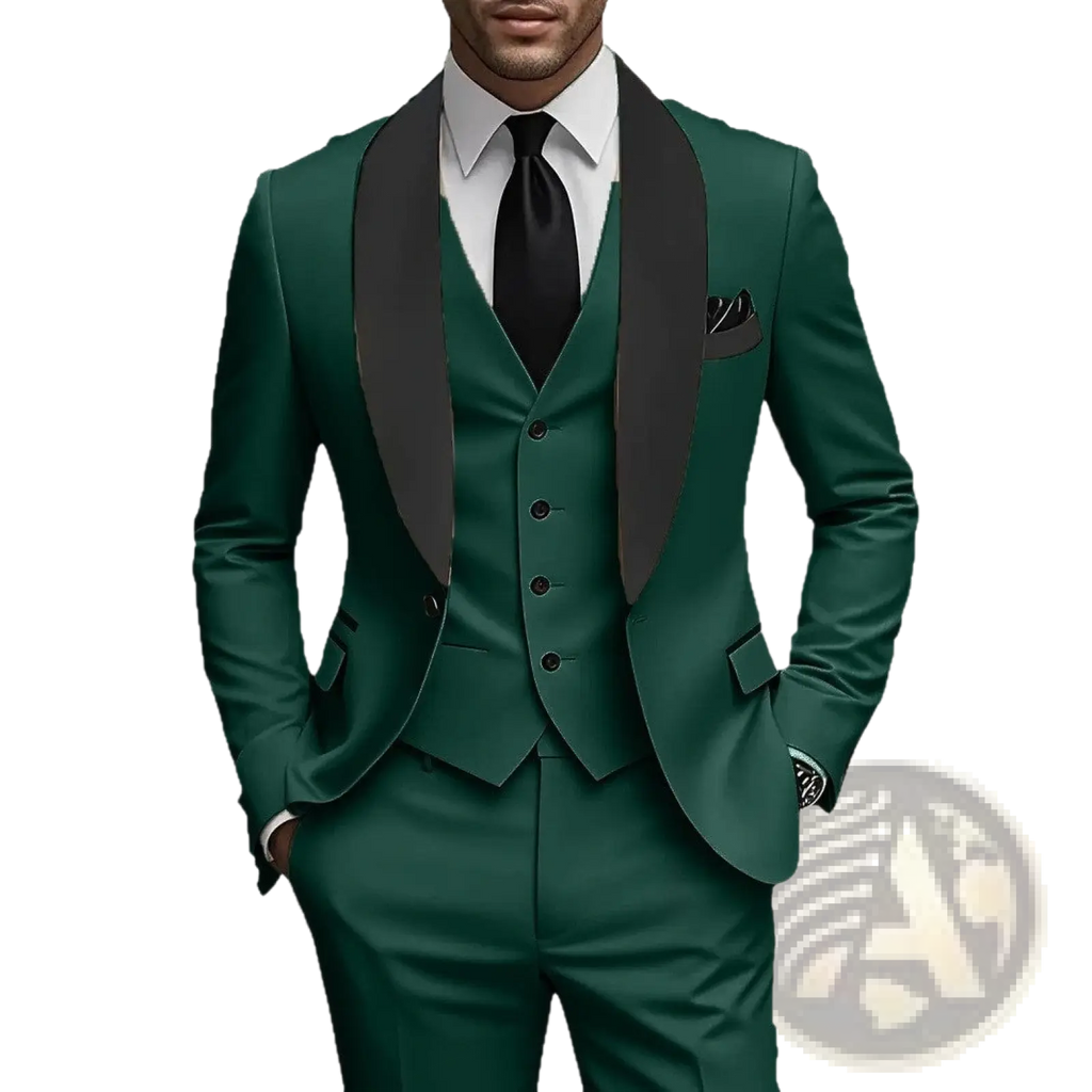 Elegant slim fit three-piece tuxedo suit in emerald green with black satin lapels and matching vest for formal occasions