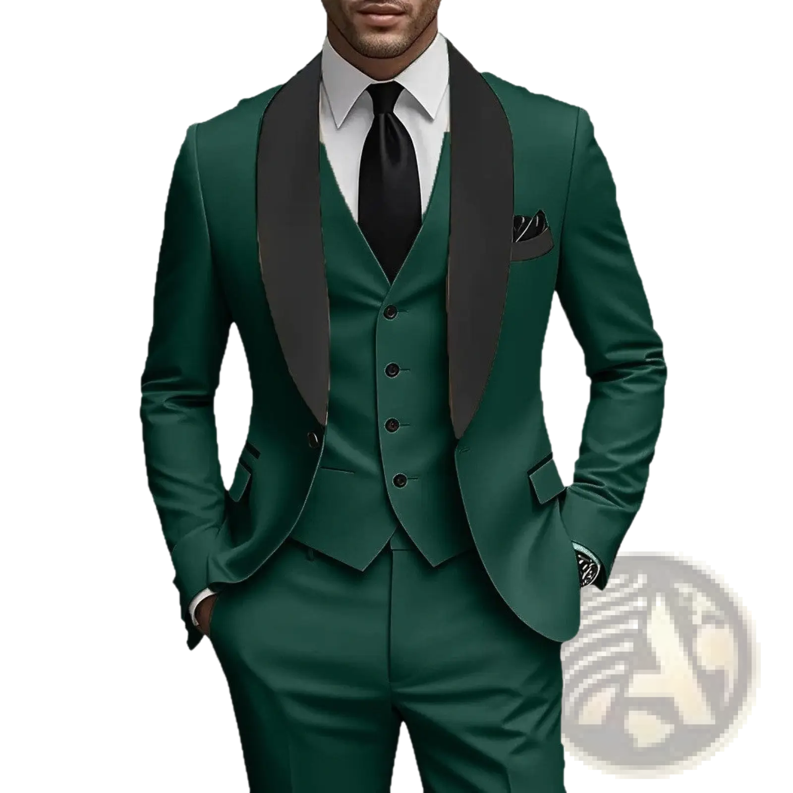Elegant slim fit three-piece tuxedo suit in emerald green with black satin lapels and matching vest for formal occasions