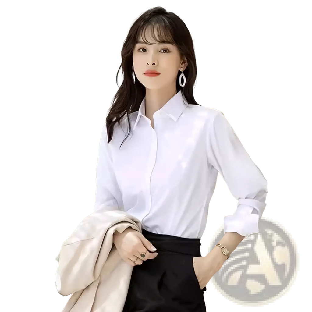 Slim fit white office blouse for women featuring long sleeves, classic collar, and rolled cuffs in cotton fabric