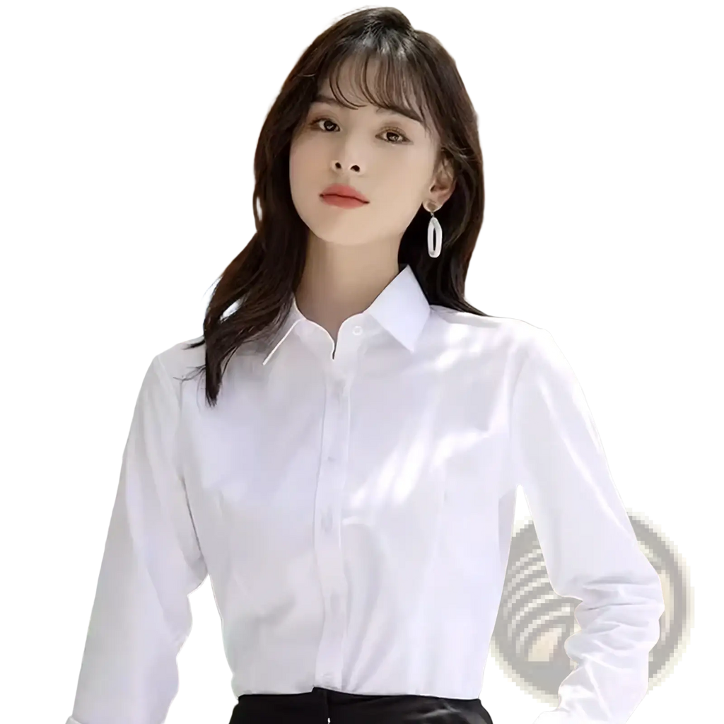 Slim fit white office blouse for women featuring a long-sleeved button-up design with a classic collar and clean lines