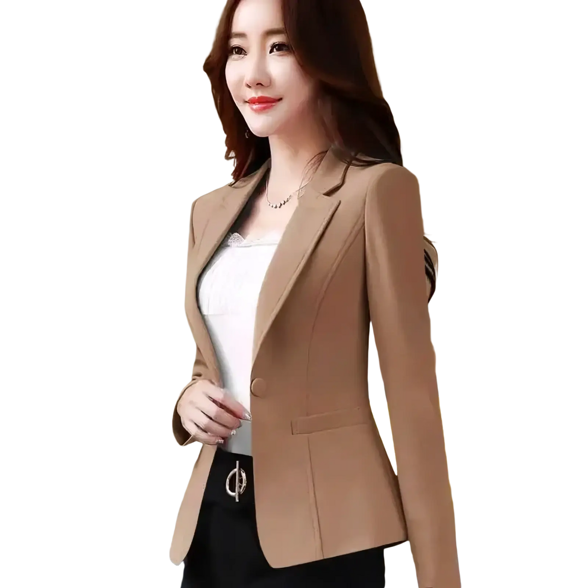 Slim fit women office blazer in beige with a single button and structured shoulders for a polished professional look
