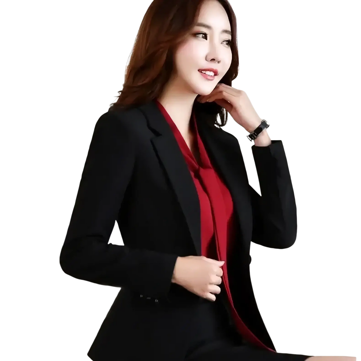 Slim fit women office blazer in black paired with a red satin blouse showcasing a professional attire