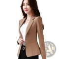 Slim fit women office blazer in beige with a single button and structured shoulders for a polished professional look