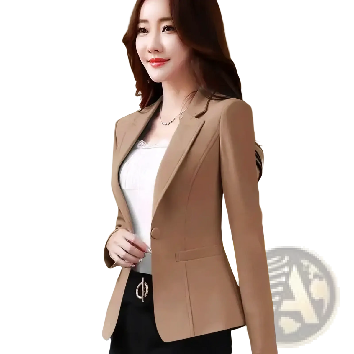 Slim fit women office blazer in beige with a single button and structured shoulders for a polished professional look