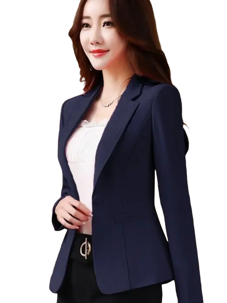 Navy blue slim fit women office blazer with peak lapels and peplum hem tailored for a polished look