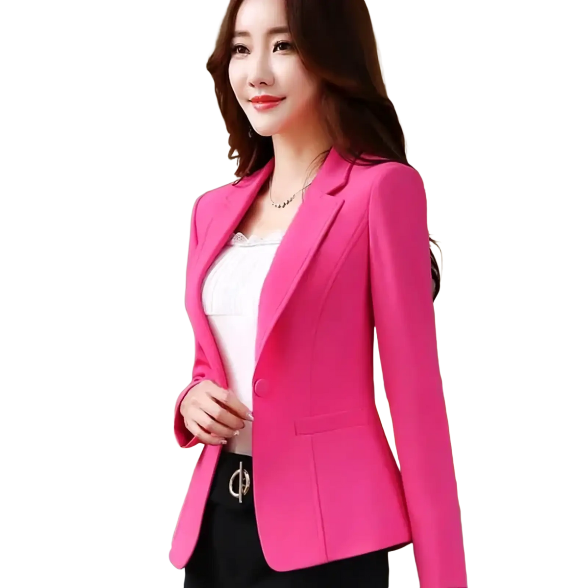 Slim fit women office blazer in vibrant fuchsia with tailored fit and single button closure for professional wear