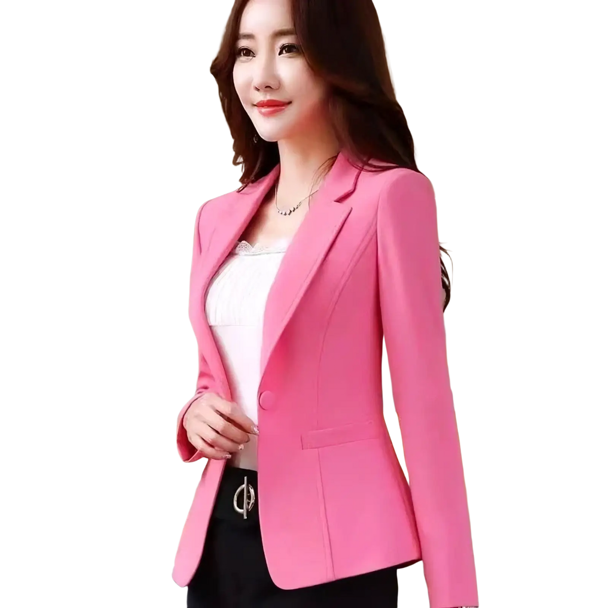 A vibrant pink slim fit women office blazer with a sleek tailored fit and single button closure