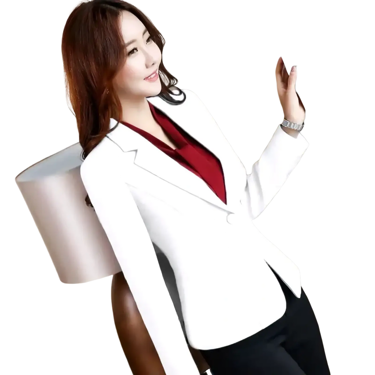 Slim fit white women office blazer with single button closure and notched lapels worn over a red blouse