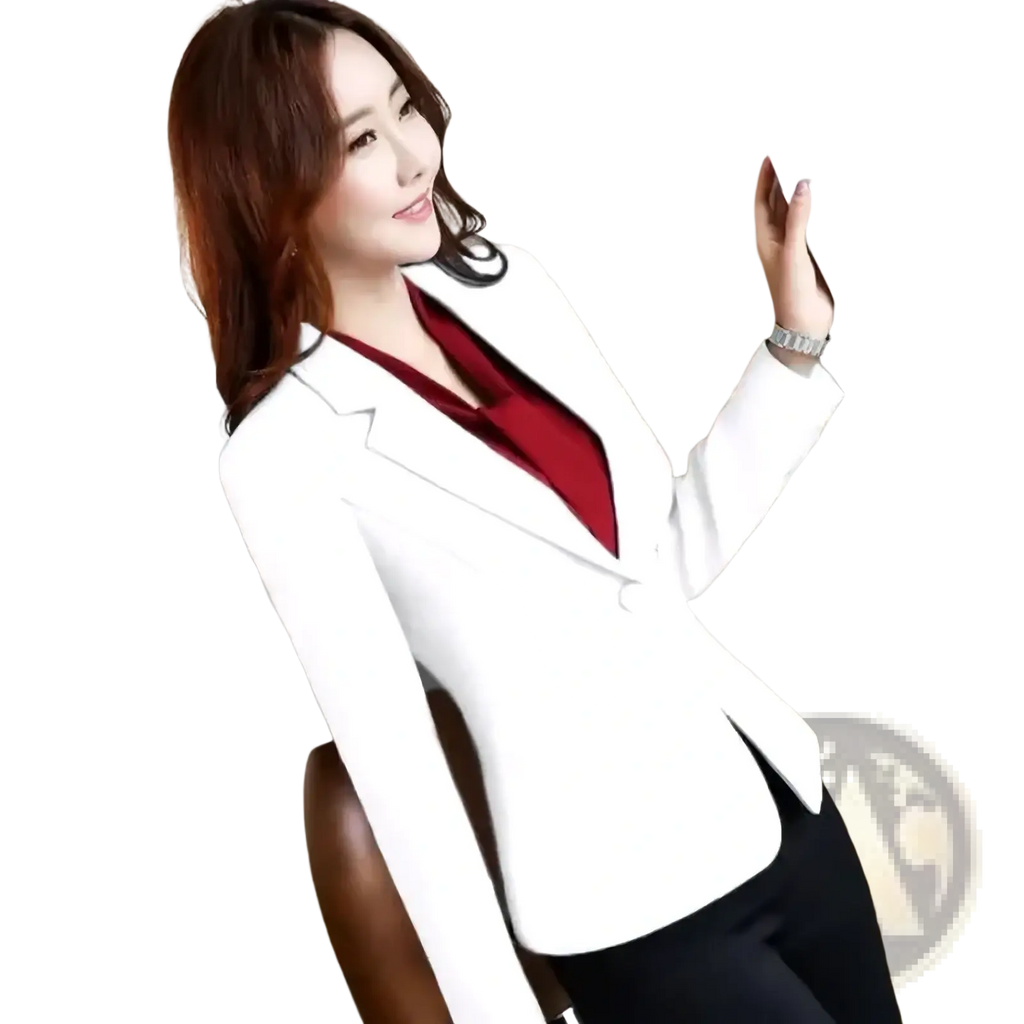 Slim fit women office blazer in white with a single button and notched lapel worn over a red blouse