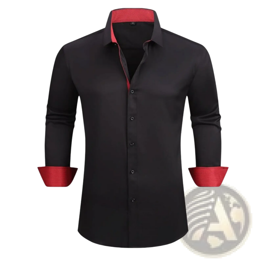 Slim fit wrinkle resistant black dress shirt with red contrast trim on collar cuffs and inner placket