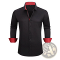 Slim fit wrinkle resistant black dress shirt with red contrast trim on collar cuffs and inner placket
