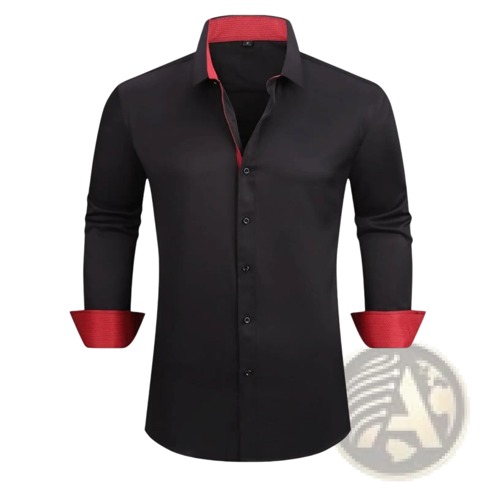 Slim fit wrinkle resistant black dress shirt with red contrast trim on collar cuffs and inner placket