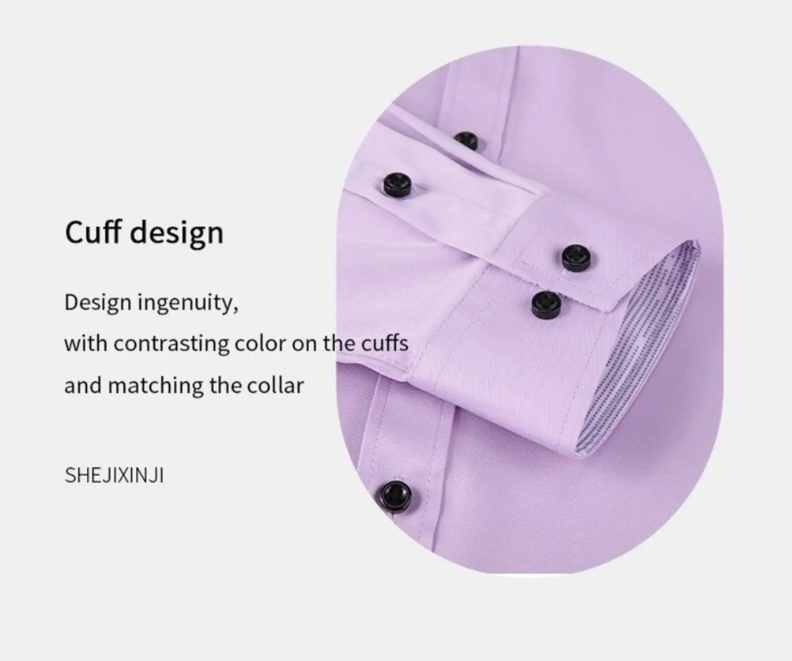 Slim fit wrinkle resistant lavender dress shirt with black contrast buttons on cuffs and collar for formal wear