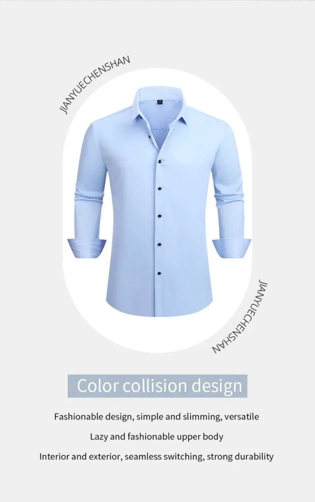 Light blue slim fit wrinkle resistant men’s dress shirt with classic collar and button down front for formal wear